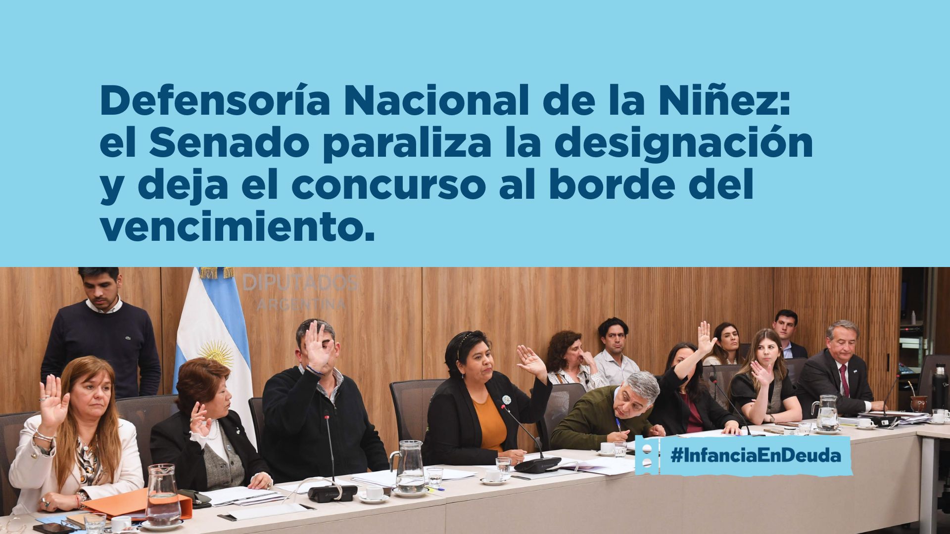 Placa informativa de #InfanciaEnDeuda. Texto: "Defensoría Nacional De la Niñez: el Senado paraliza la designación y deja el concurso al borde del vencimiento". La imagen muestra a la Comisión Bicameral en sesión en el Congreso.