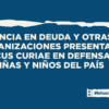Imagen de portada con fondo azul marino y una franja irregular en beige en la parte superior que simula una ruptura. Texto en blanco: "Infancia en Deuda y otras organizaciones presentan amicus curiae en defensa de niñas y niños del país". En el ángulo inferior derecho, el logo de #InfanciaEnDeuda.