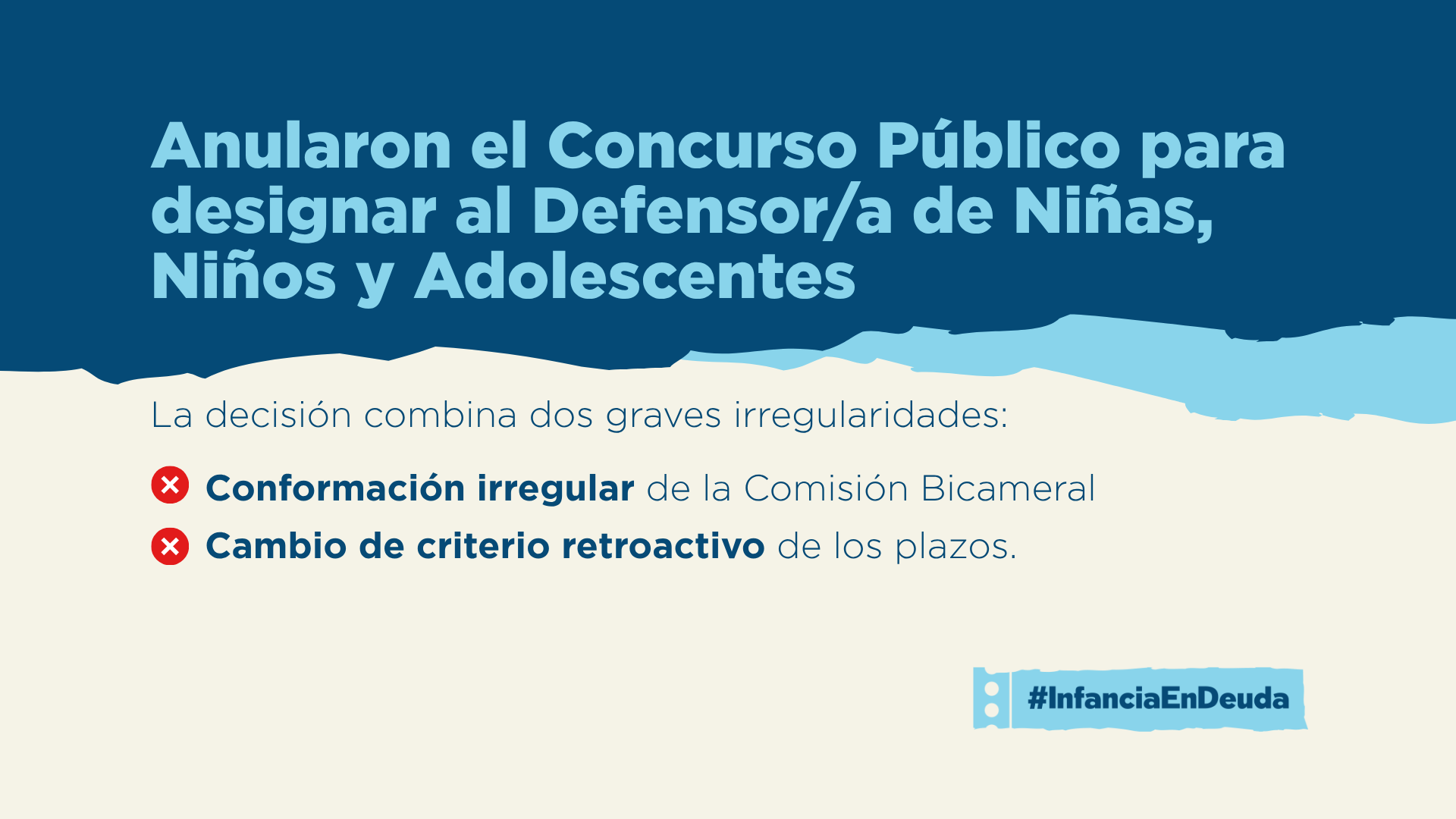 Placa de Infancia en Deuda. Título: “Anularon el Concurso Público para designar al Defensor/a de Niñas, Niños y Adolescentes”. Se señalan dos irregularidades: conformación irregular de la Comisión Bicameral y cambio de criterio retroactivo de los plazos.